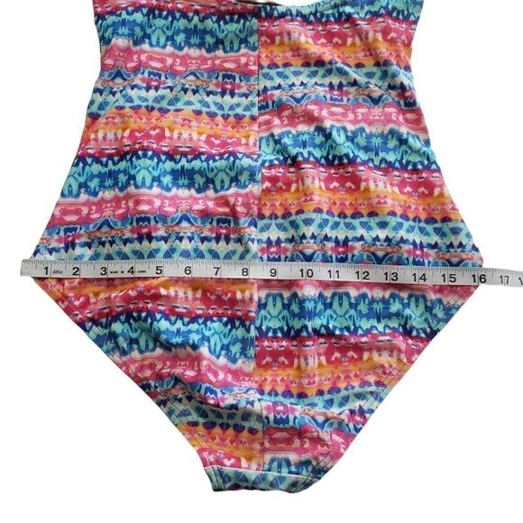 Emerald Bay Multicolored Twist-Front Side Ruched One Piece Swimsuit Size 12 - Picture 9 of 13